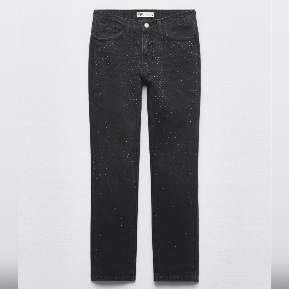 NWT Zara Straight Leg Cropped Slim midrise rhinestones Black jeans Size US 6